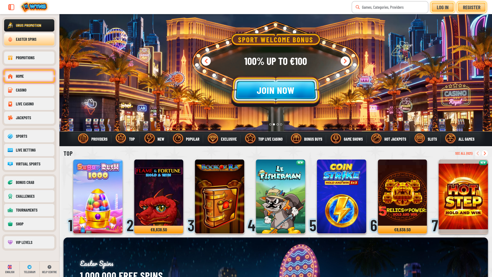 Wyns Casino Desktop Homepage