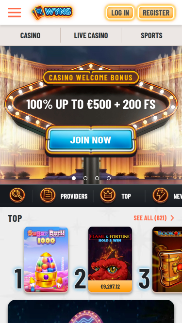 Wyns Casino Mobile Homepage