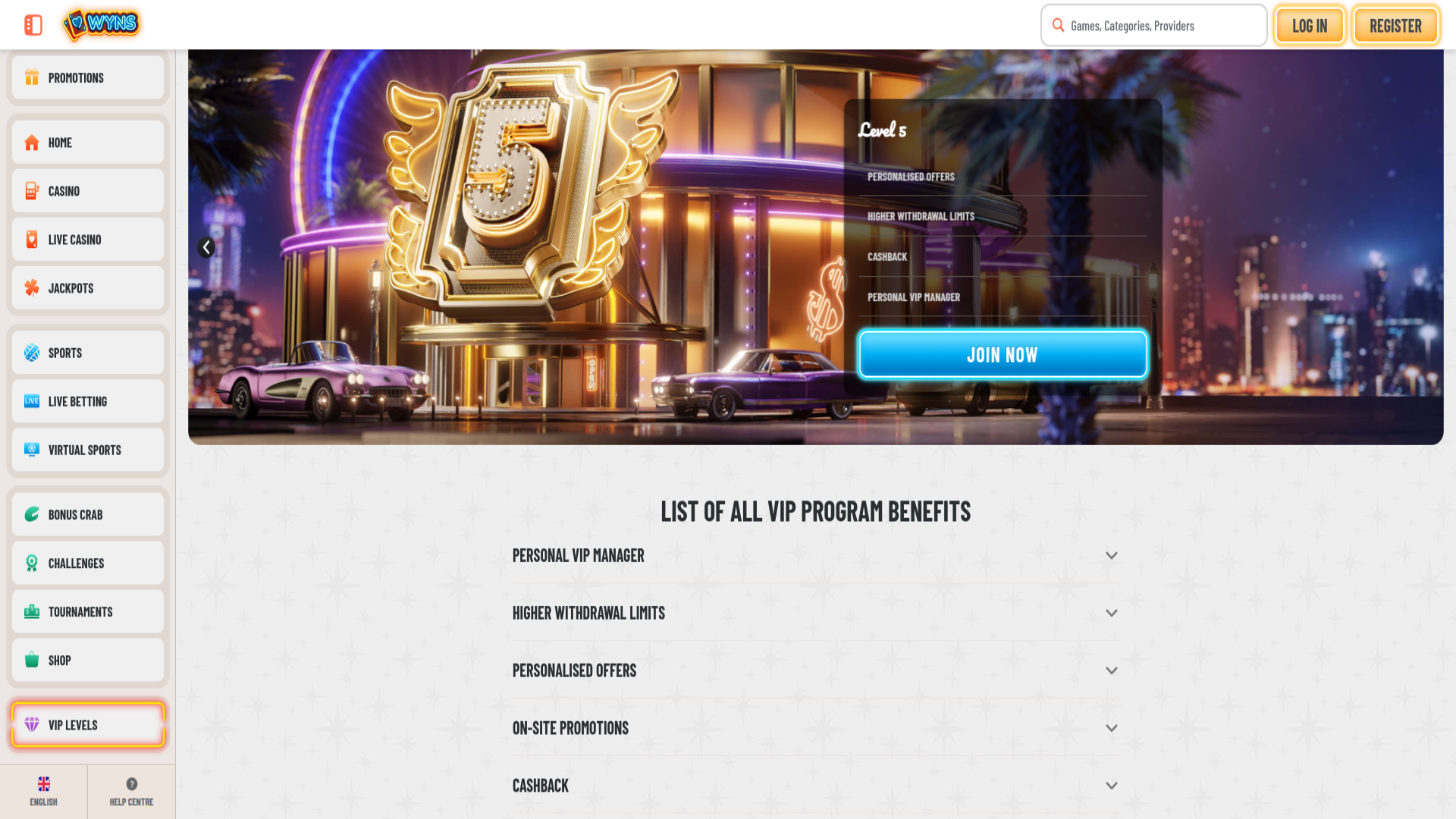 Screenshot of Wyns Casino VIP Program for Desktop
