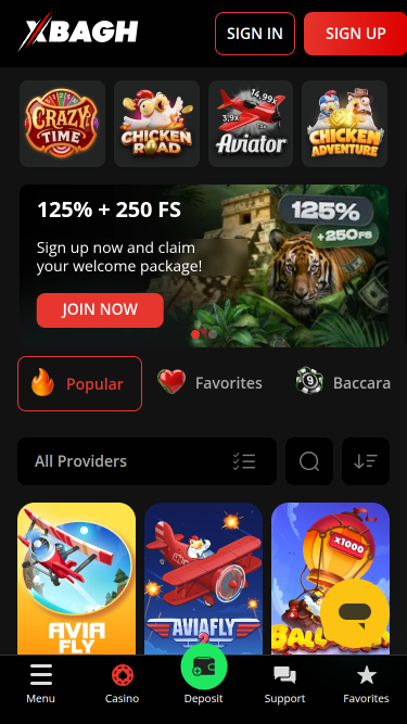 Xbagh Casino Mobile Homepage