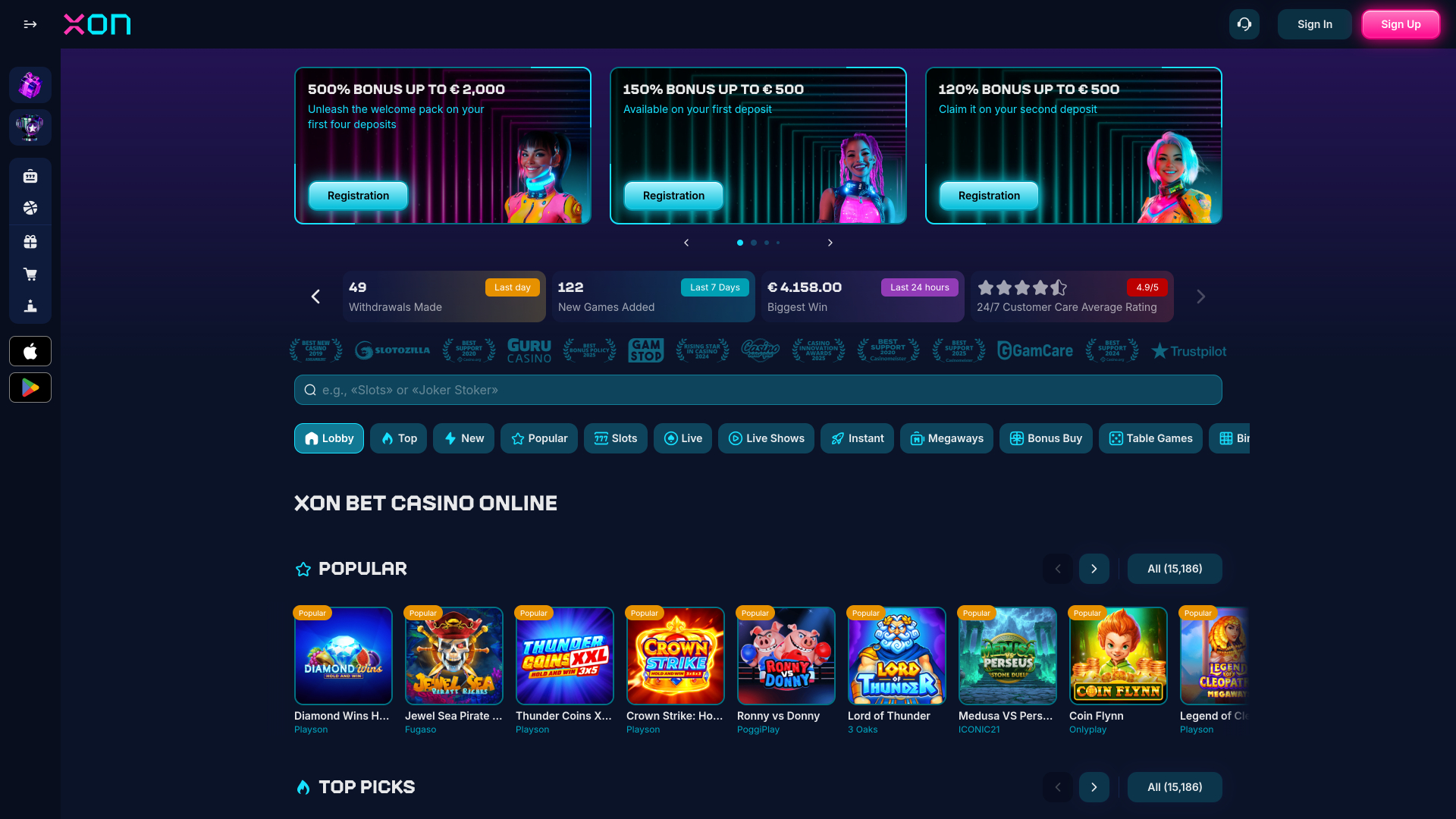 Xonbet Casino Desktop Homepage