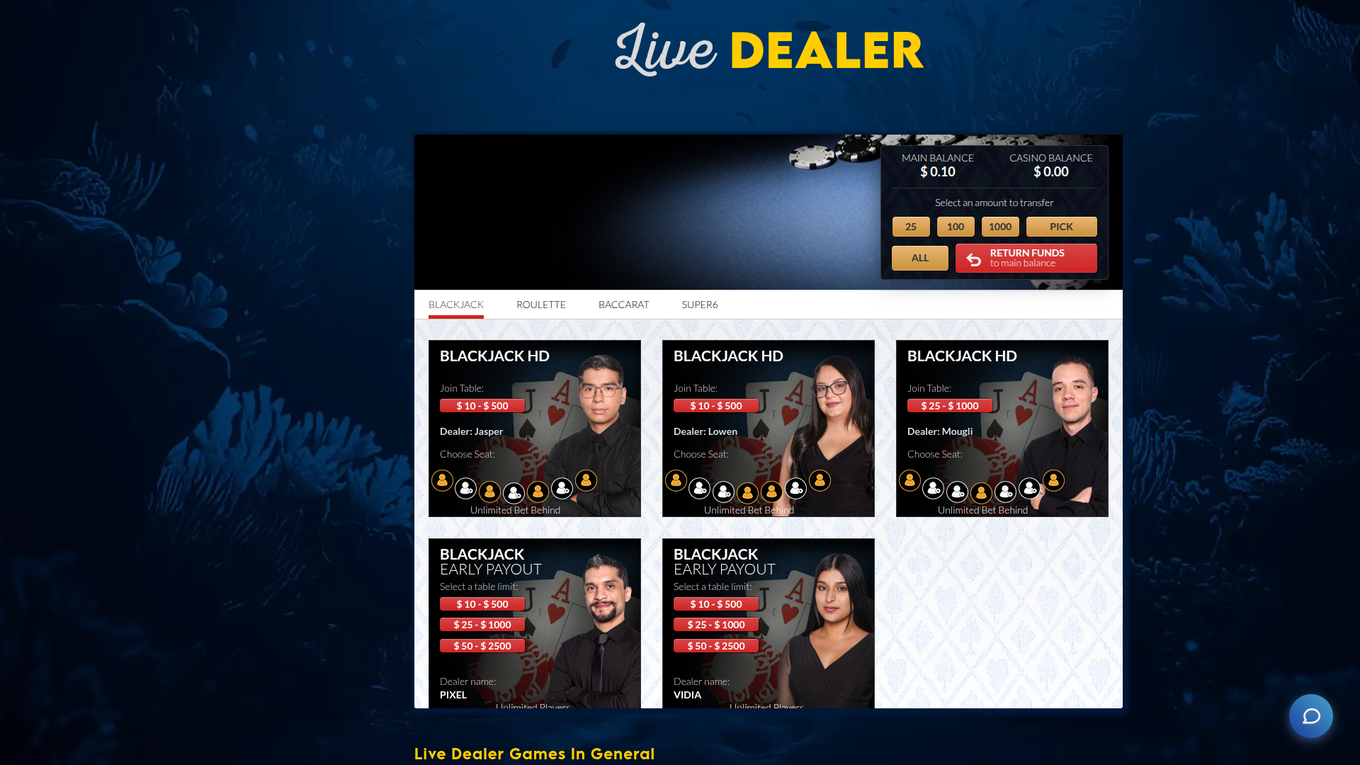 Yabby Casino Desktop Live Dealer