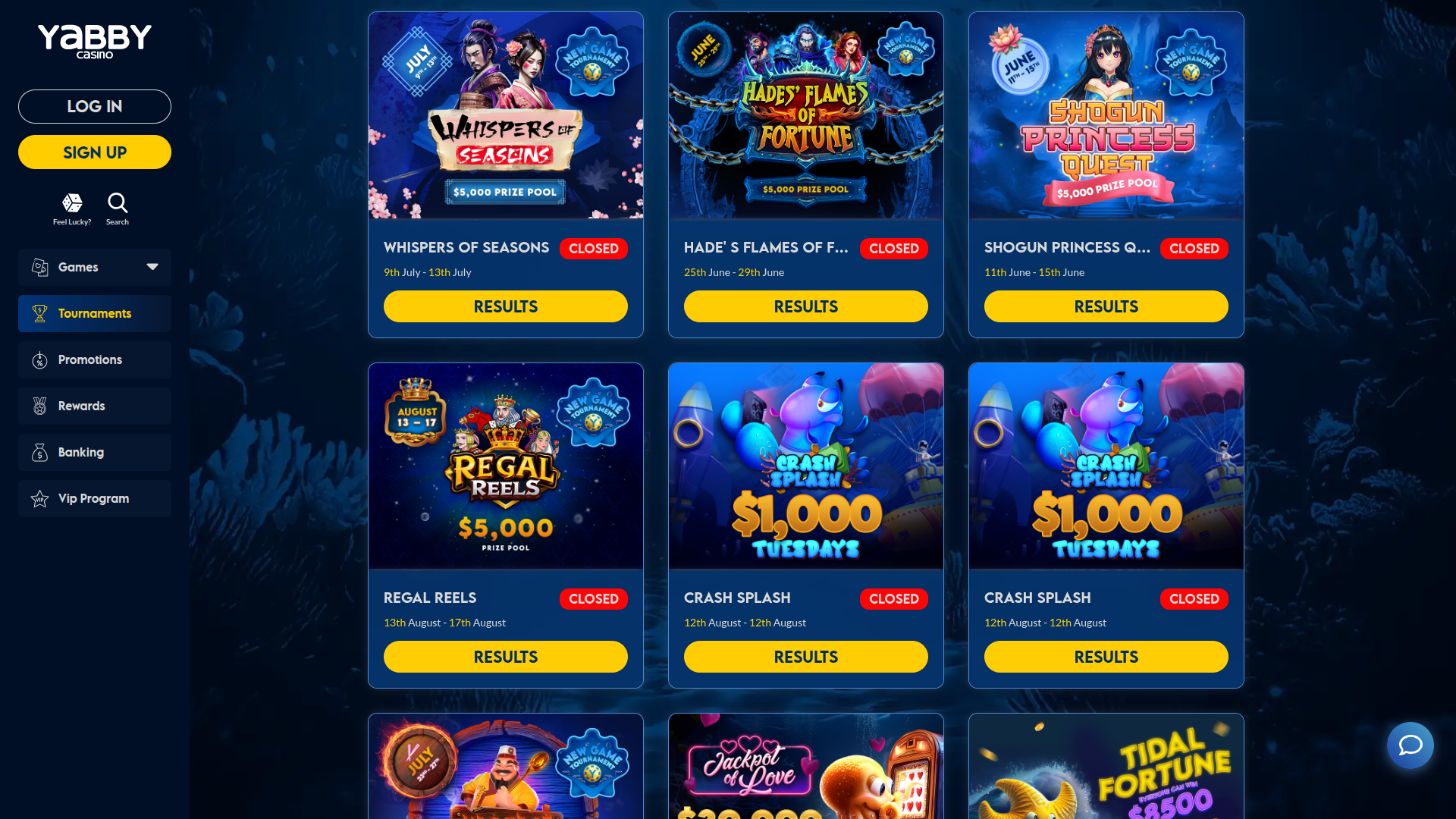 Yabby Casino Desktop Tournaments