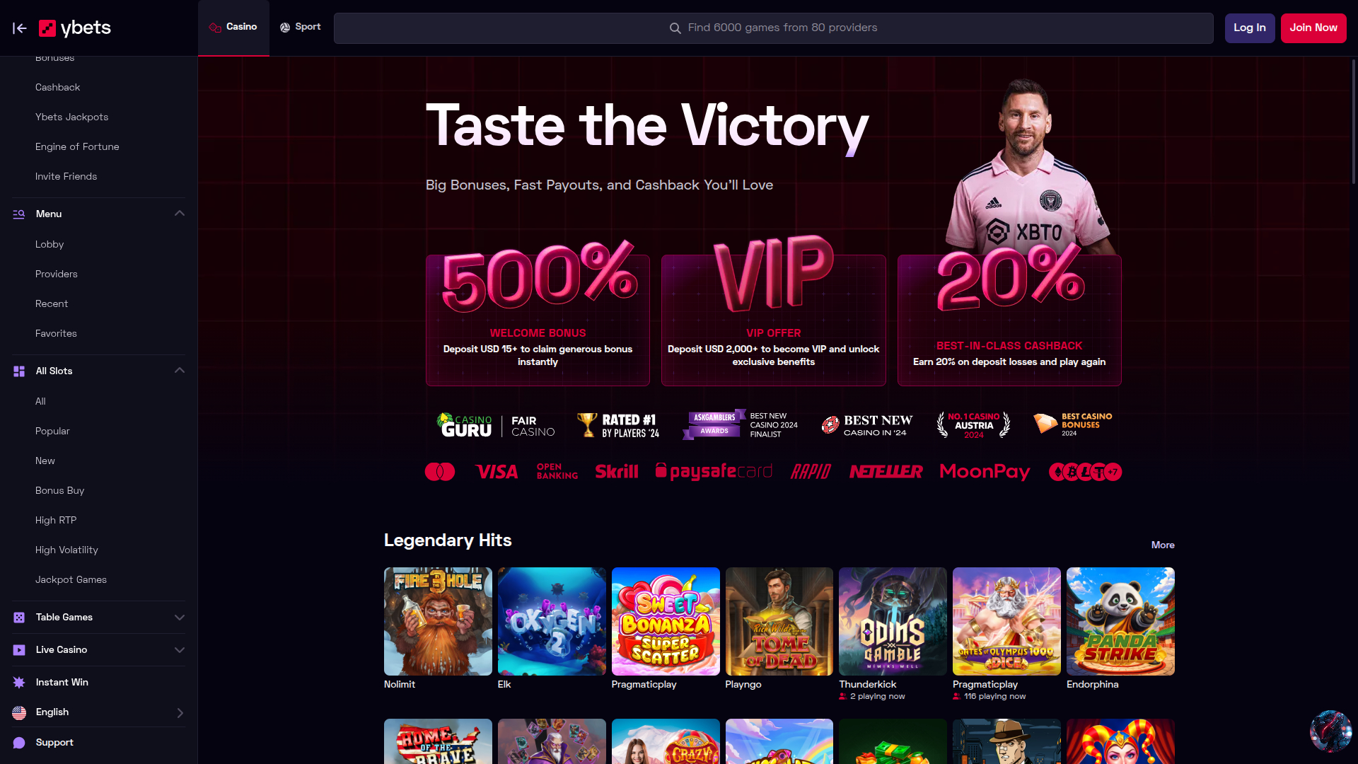 Ybets Casino Desktop Homepage