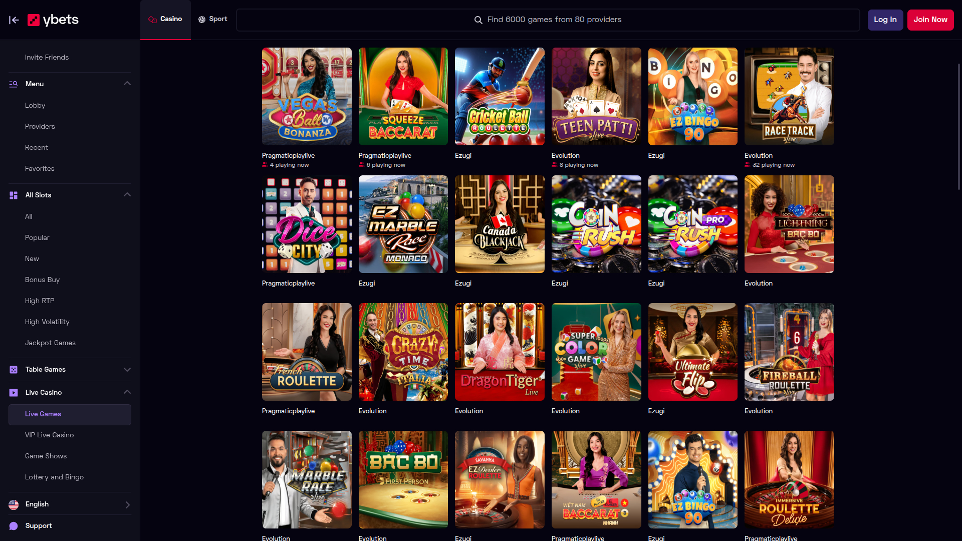 Ybets Casino Desktop Live Dealer