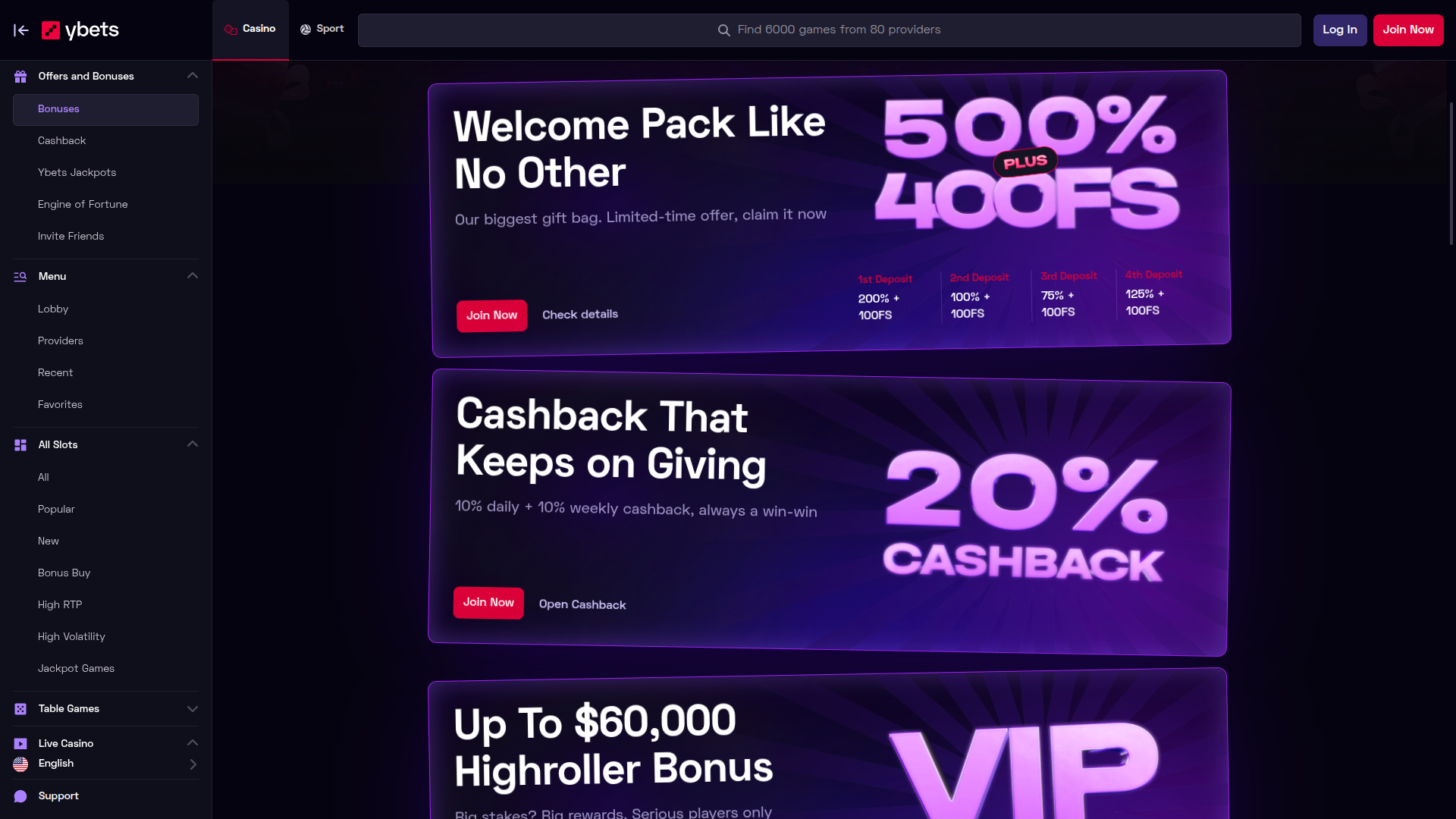 Ybets Casino Desktop Promotions