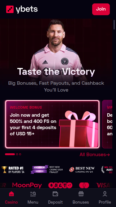 Ybets Casino Mobile Homepage