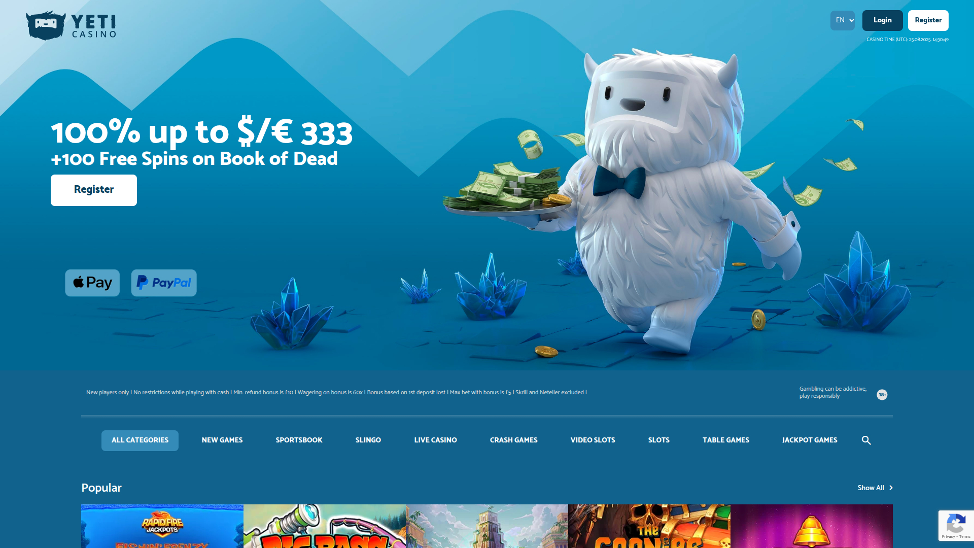 Yeti Casino Desktop Homepage