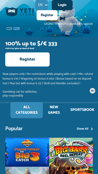 Yeti Casino Mobile Homepage