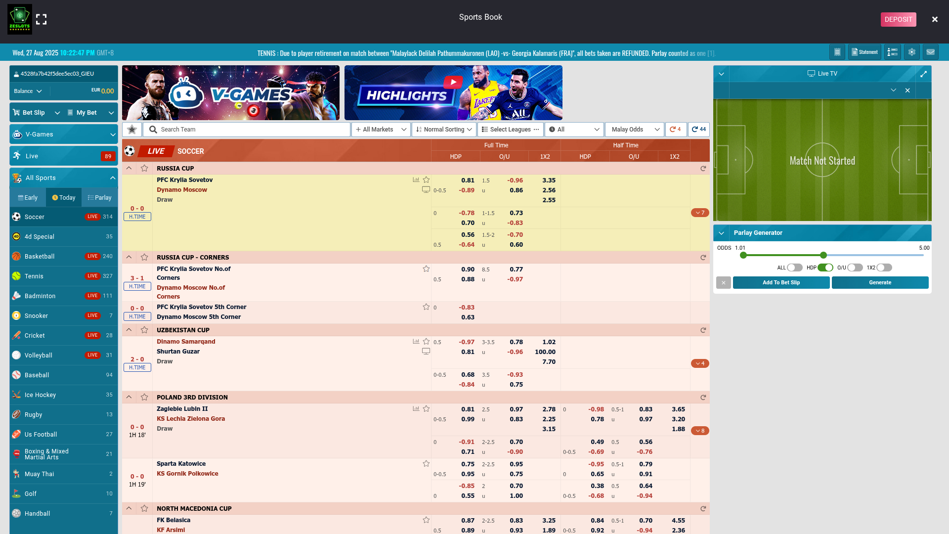 Zeslots Casino Desktop Sports