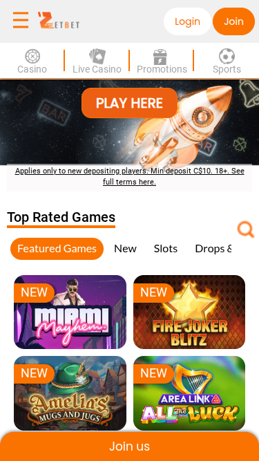 Zet Bet Casino Mobile Homepage