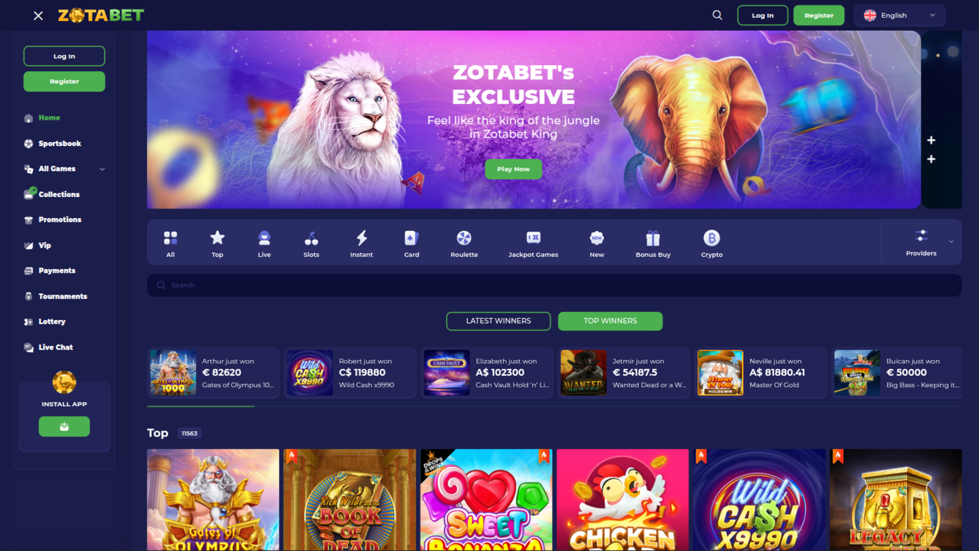 Zotabet Casino Desktop Homepage