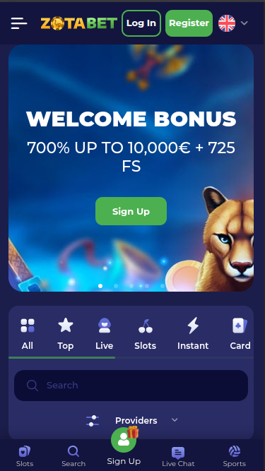 Zotabet Casino Mobile Homepage