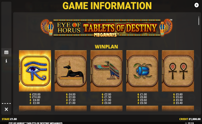 eye of horus tablets of destiny megaways paytable 1