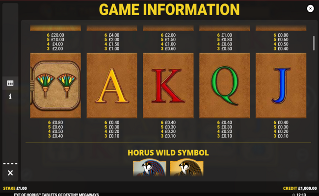 eye of horus tablets of destiny megaways paytable 2
