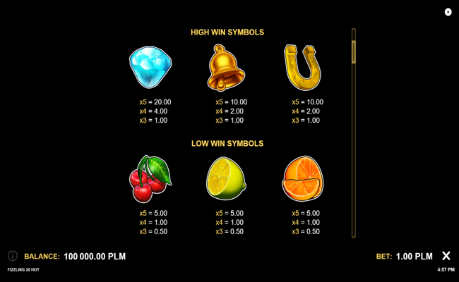 fizzling 20 hot paytable 1