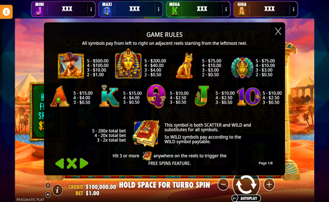 john hunter and the book of tut oranje jackpot paytable 1