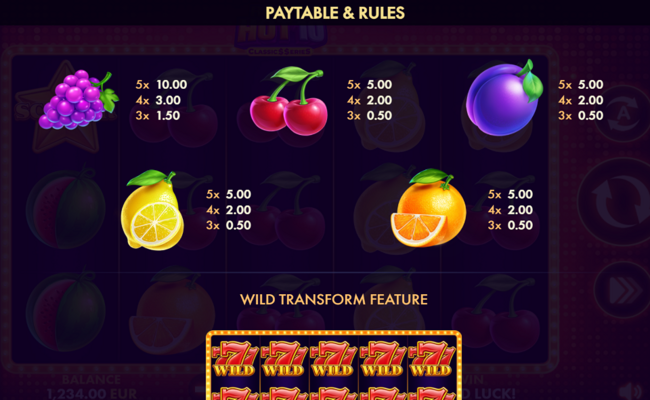 rollin hot 10 classic series paytable 2