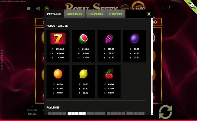 royal seven xxl flaming link paytable 2