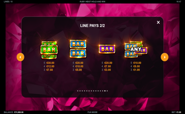 ruby heist hold and win paytable 2